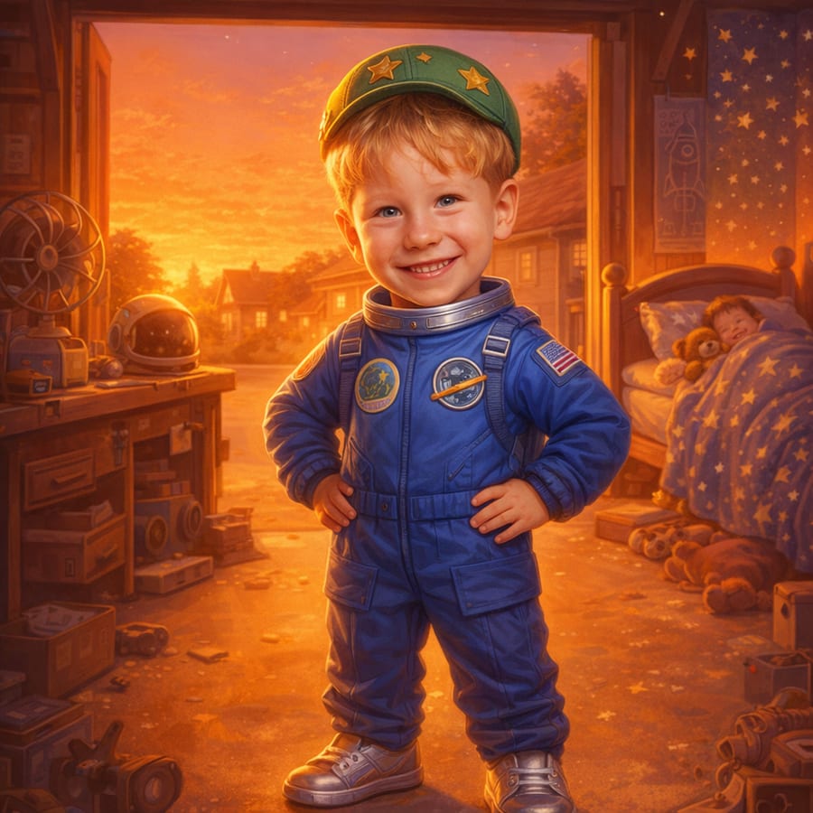 Lifelike animated-film illustration of a boy in a blue astronaut suit standing in his bedroom at sunset