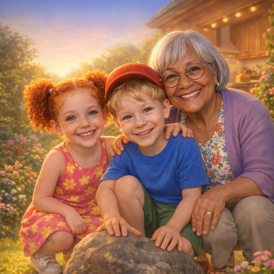 Storybook cover illustration of a boy in a red cap, his best friend and their grandmother together in a sunny garden