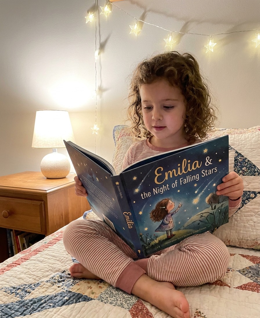 A child reading Emilia and the Night of Falling Stars — a Rawissimo personalised story book, illustrated from the child's own photo
