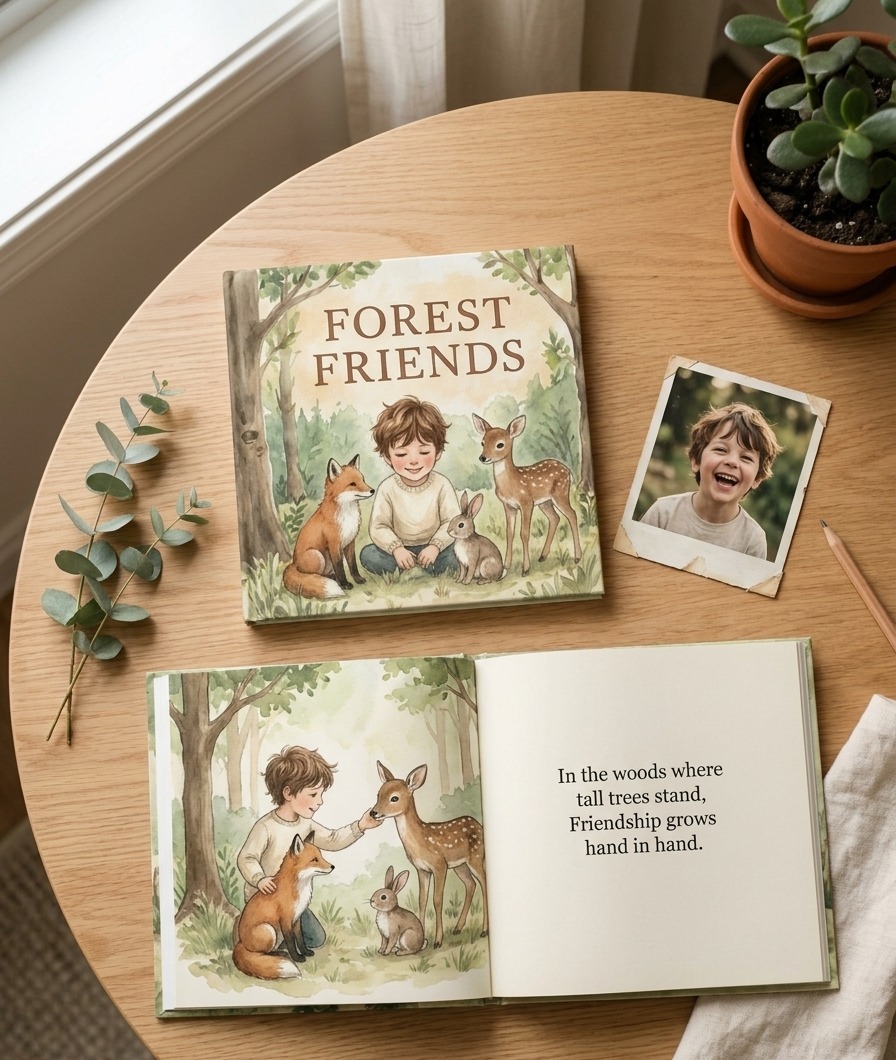 An illustrated storybook page and cover showing the personalised hero inside a forest adventure with woodland animals
